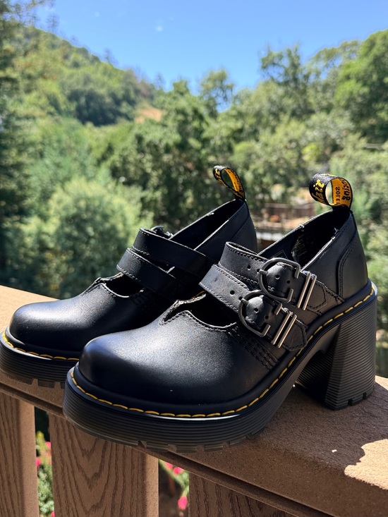 Dr. Martens Shoes - Dr. Martens Eviee - Black Double-Buckle Mary Jane Heels with Yellow Stitching